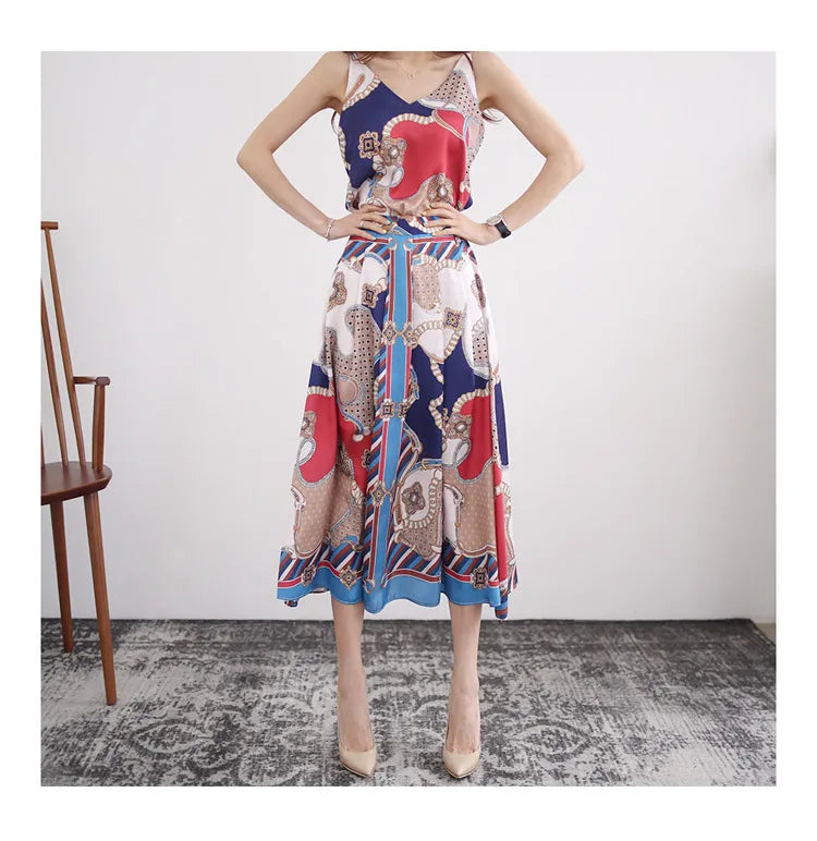 H Han Queen Hot Sale Summer Women Print Work 2 Pieces Set Camisole Top Blouses + Vintage A-Line Skirt Korean Simple Skirt Suit