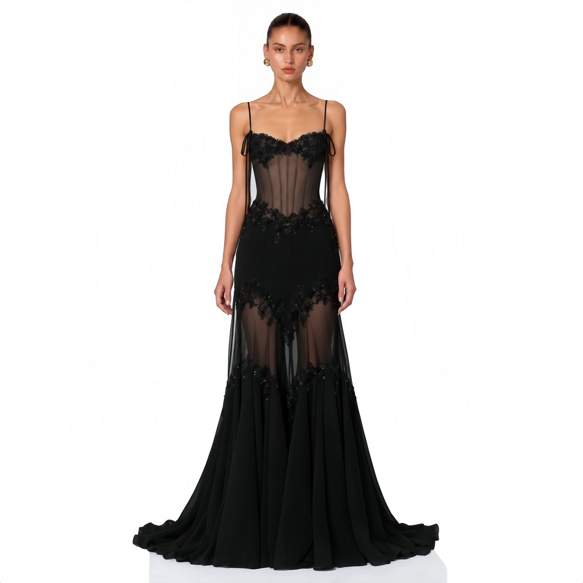 2026 New Black Spaghetti Strap Corset Evening Gown, 3D Floral Beaded Lace Sheer Mermaid Maxi Dress Prom Wedding Guest Red Carpet - Shellss