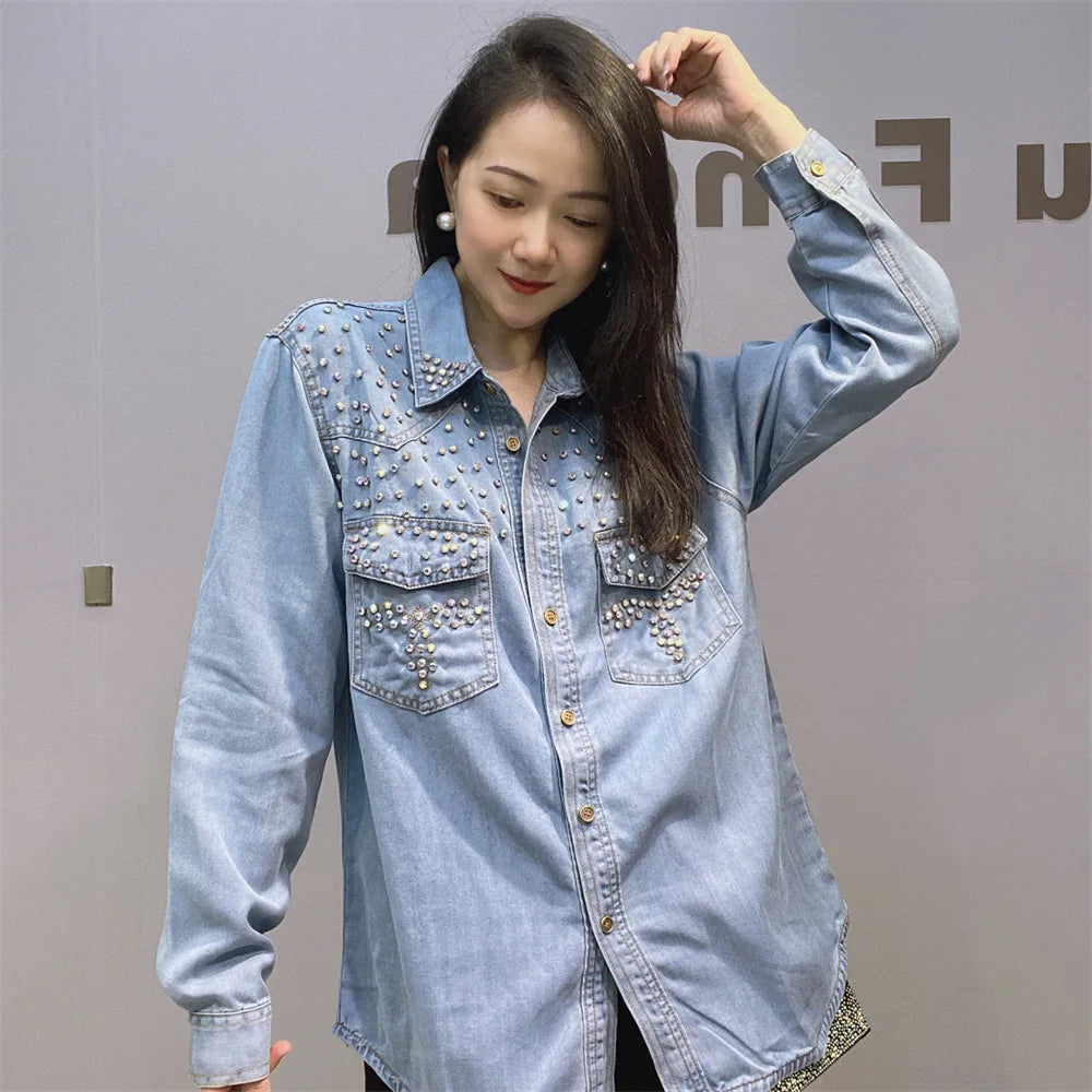 Diamanten Perlen Denim Shirts Strass