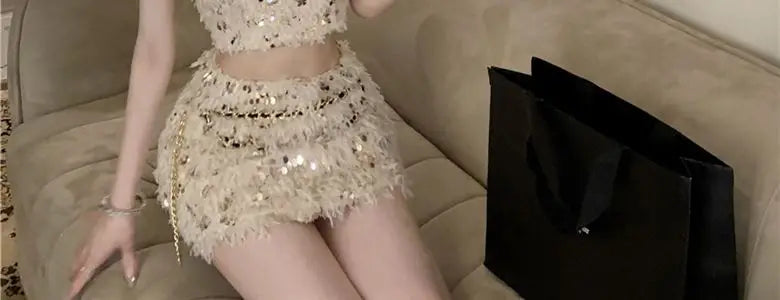 Summer New Little Fragrance Style Hot Girl Tassel Bright Particle Top Bodycon High Waist  Skirt Two Piece Set Women