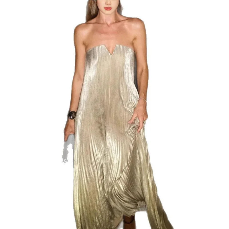 Strapless Pleated Maxi Dress Gown Pleated Skirt Women