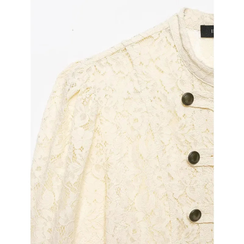 2026French Vintage Floral Lace Cropped Jacket Mandarin Collar Frog Knot Buttons Puff Long Sleeve Slim Retro Outerwear for Women