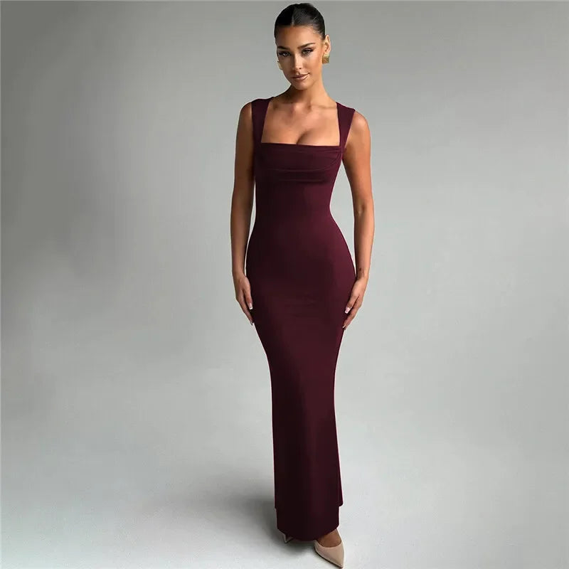 Square Collar Sleeveless Sexy Maxi Dress For Woman Fashion Spring Summer New High Waist Bodycon Club Party Long Dress - Shellss