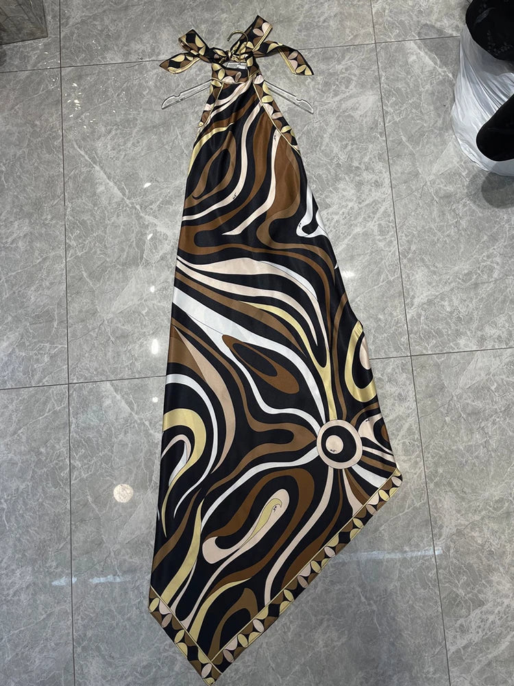 2026 Summer Women's Clothing Retro Geometric Print Sexy Backless Sleeveless Halter Dress Fashion A-Line Irregular Skirt - Shellss
