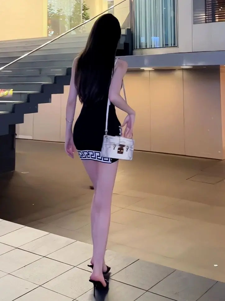 Black Skew Collar Off Shoulder Dresses Female Temperament Irregular Mini Dress Summer Slim Trend Bodycon Sleeveless Sexy Dress