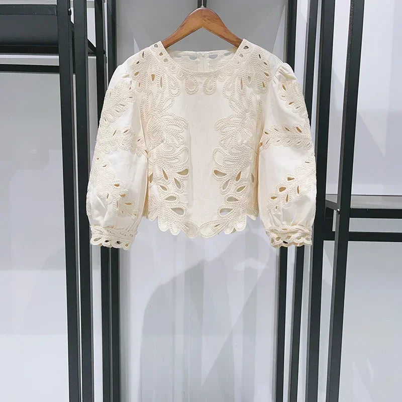 Crochet Hollow Out Embroidery Women's A-line Mini Skirt or Half Sleeve Round Neck Blouse for Female