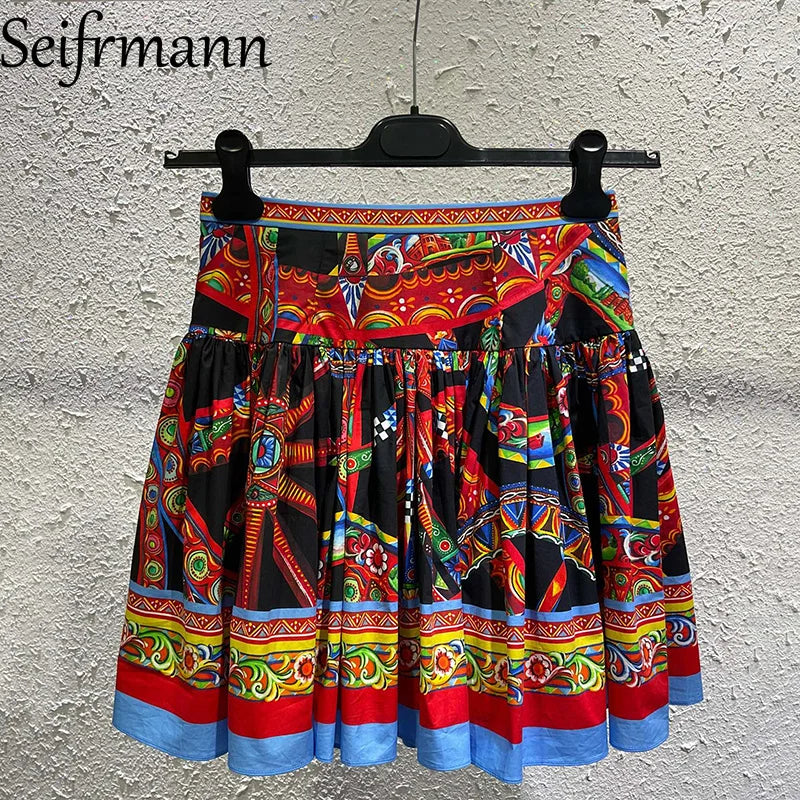 Seifrmann Casual printed cotton two-piece square neck sleeveless top high waist skirt suit 2026 autumn women's new style - Shellss