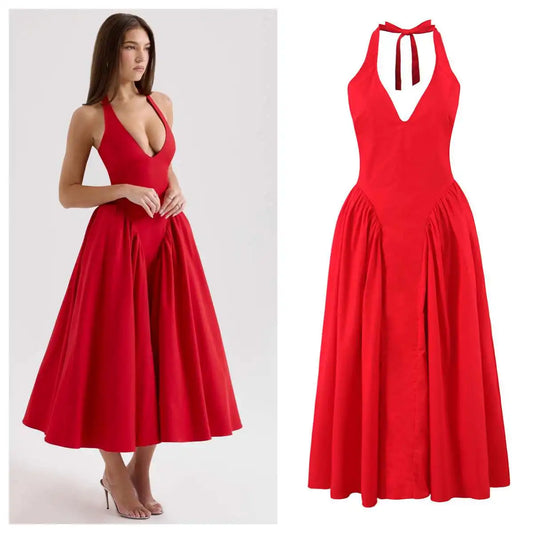 25 Elegant halterneck v neck Midi Dress