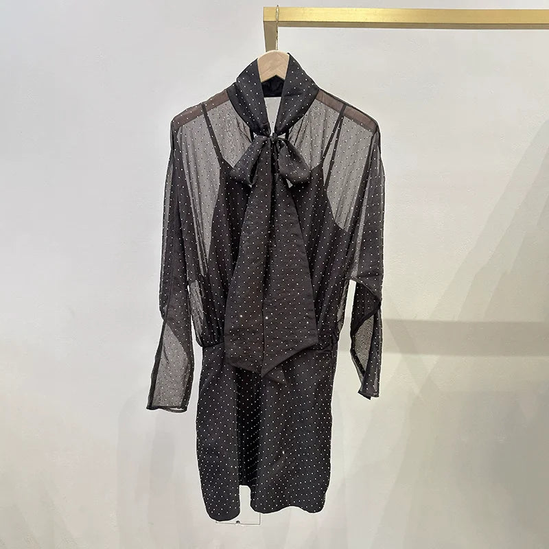 Women Bow Tie Collar Short Dress French Rhinestone Decoration Puff Sleeve Female Elegant Fake Two Piece Mini Robe Autumn New - Shellss