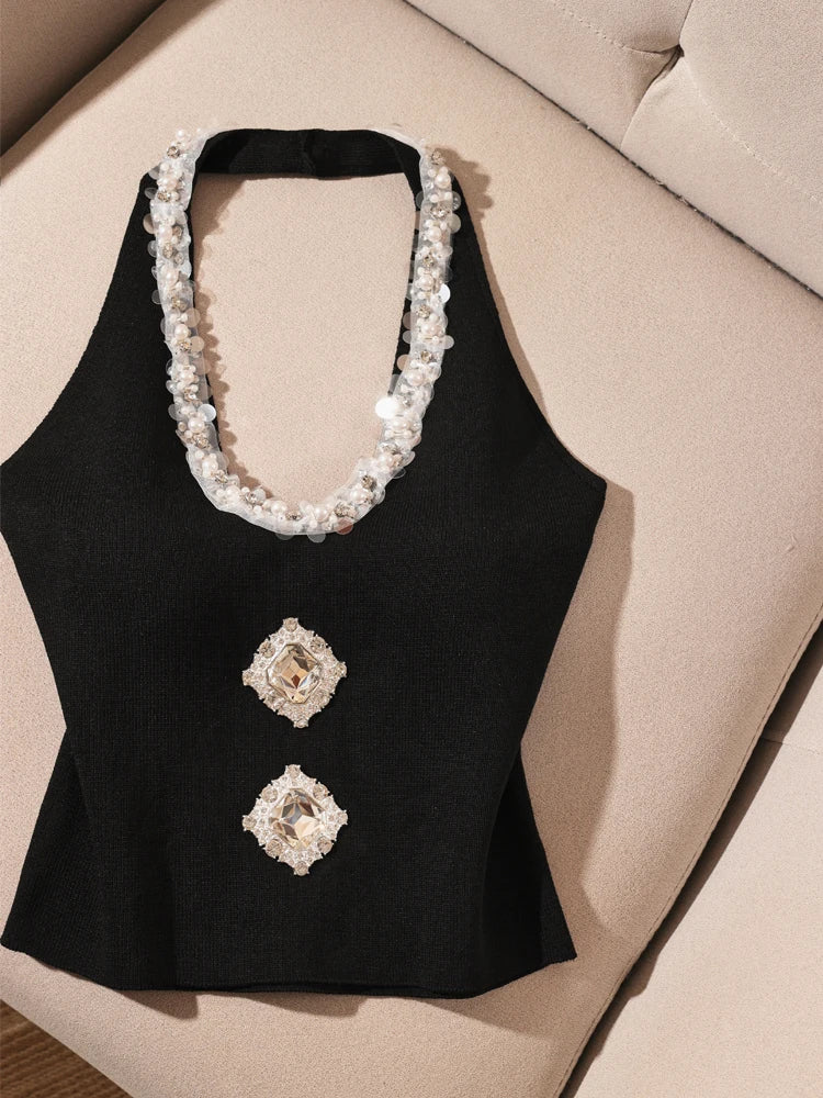 Heavy-Embroidered Diamond Backless Hanging Neck  Strap Vest Women Summer Slim Fit Short Spicy Sleeveless Black Top Women