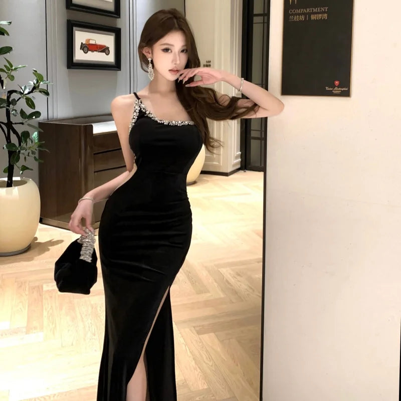 Summer French Elegant Fashion Evening Gown Women's Backless One-shoulder Bodycon Velvet Dress High-end Diamond Slim Gown Summer