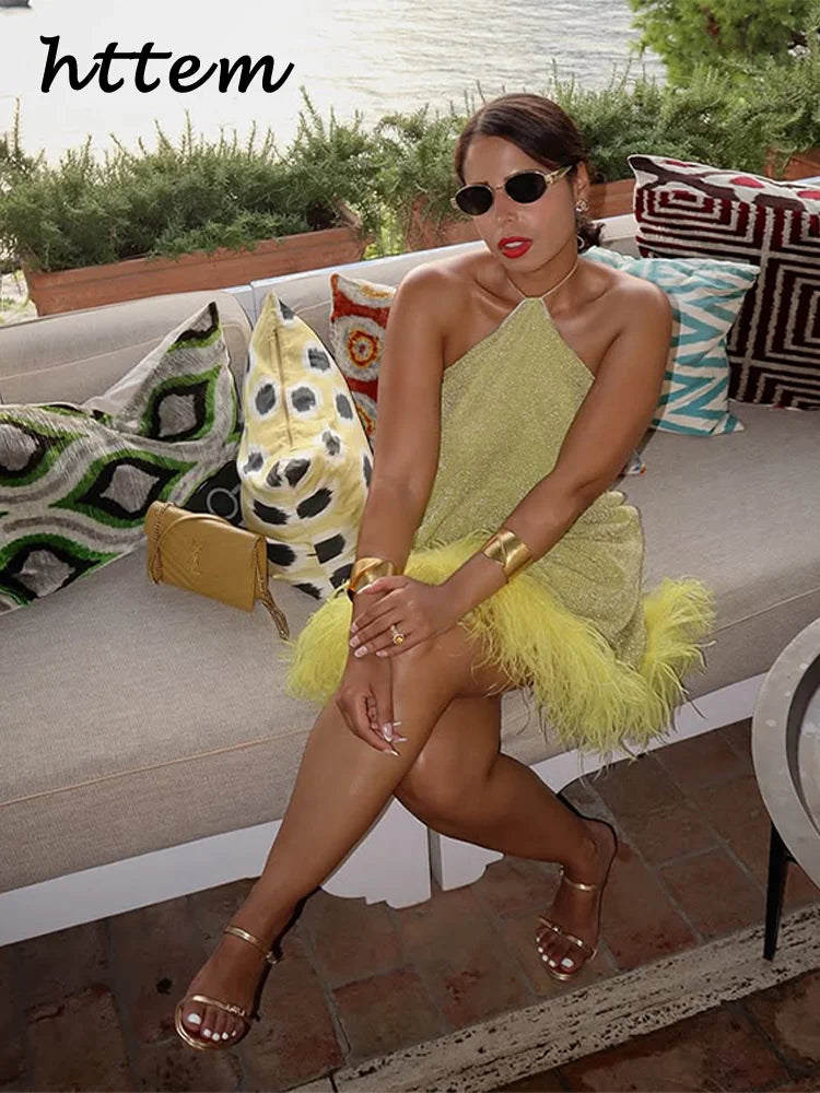 Yellow Sparkly Feathers Mini - Shellss
