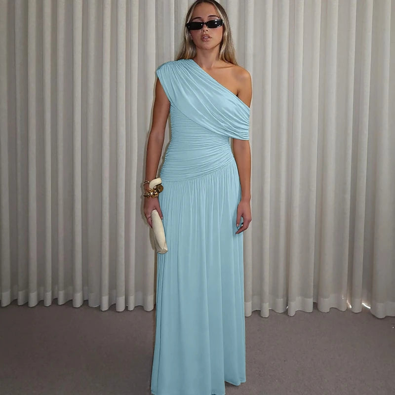 Hugcitar One Shoulder Ruched Sleeveless Solid Pleated Sexy Irregular Y2K Maxi Dress Summer Elegant Party Women Clothes Vacation - Shellss