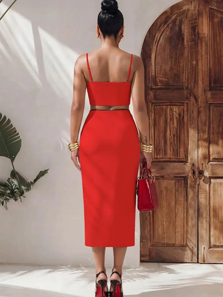 2 Piece Sets Tops And Skirt Elegant Women Sleeveless Sexy Midi Dress Fashion Evening Ladies Street Party Vestidos Summer