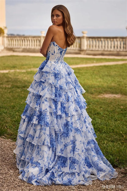 Floral Print Strapless Tiered Ruffle Layered