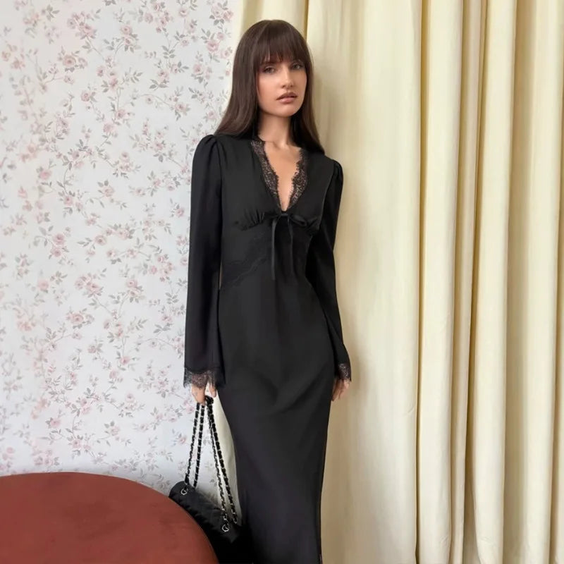 Talenza Black Satin Dress Women Fashion V‑Neck Lace Spliced Slim Long Dress Elegant Luxury Commute Lady Maxi Dress Women's Robe