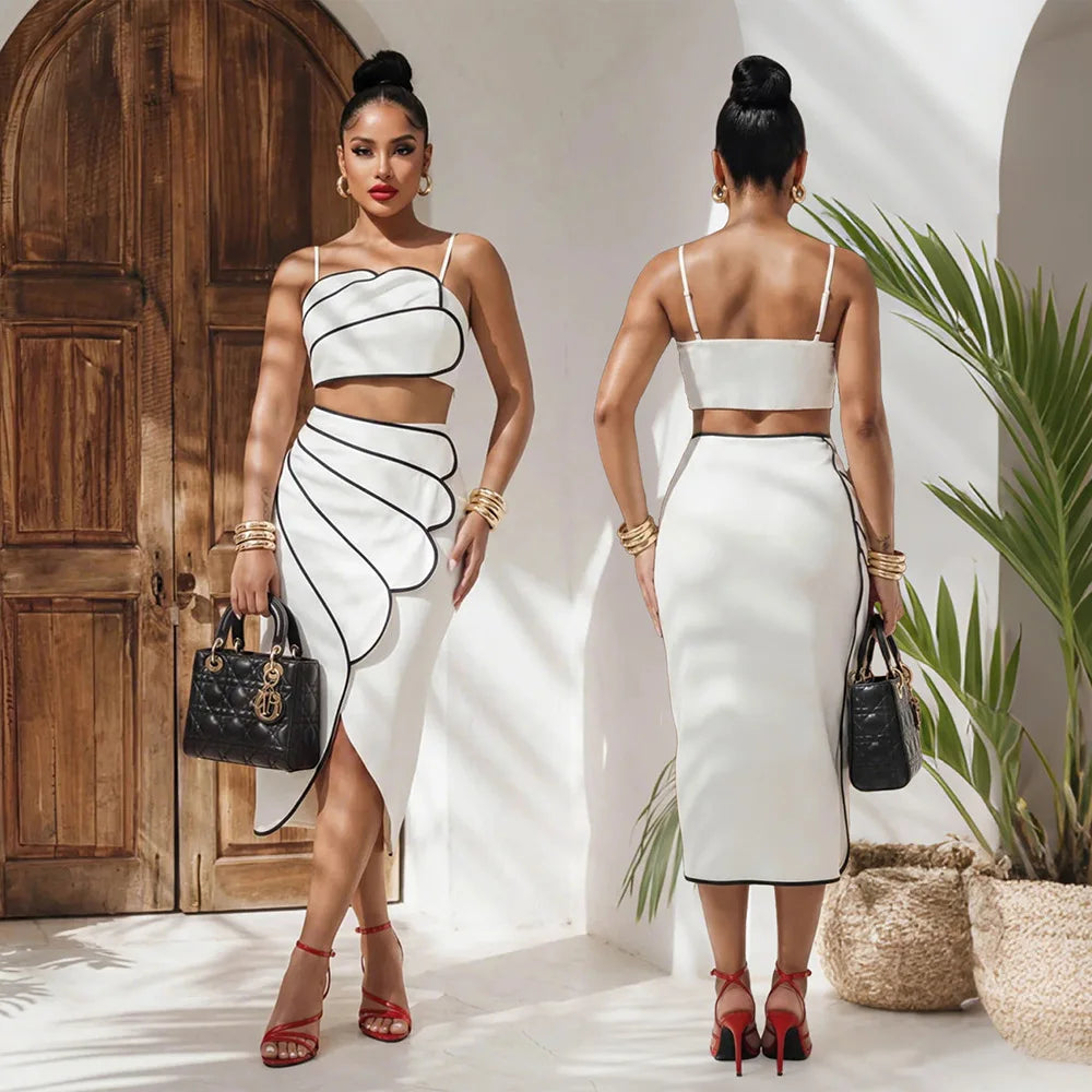 2 Piece Sets Tops And Skirt Elegant Women Sleeveless Sexy Midi Dress Fashion Evening Ladies Street Party Vestidos Summer