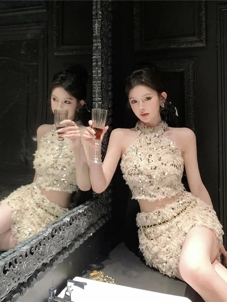 Summer New Little Fragrance Style Hot Girl Tassel Bright Particle Top Bodycon High Waist  Skirt Two Piece Set Women