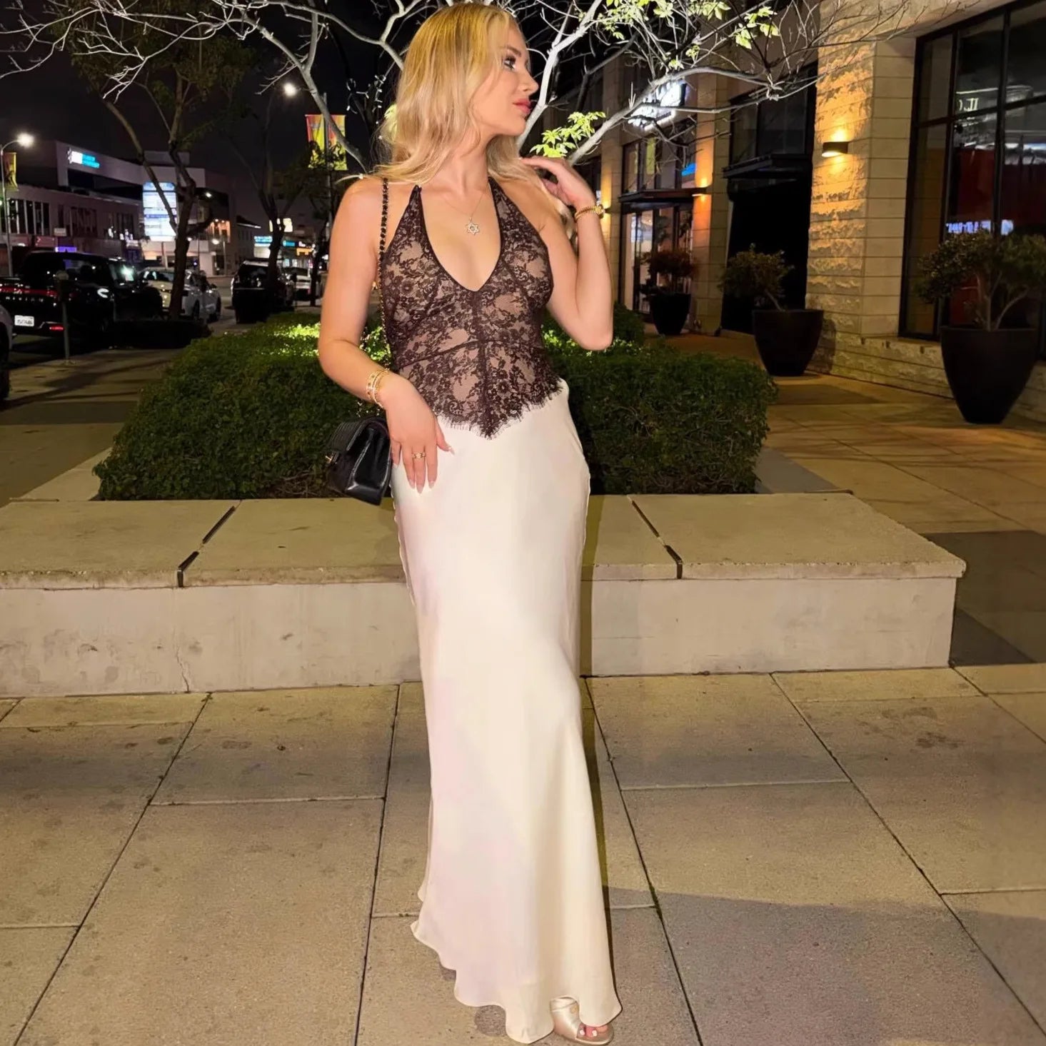 CHNMR Elegant Lace Hollow Out Halter Long Dress Women Sexy Patchwork Backless Female Maxi Dresses Summer Lady Evening Party Gown