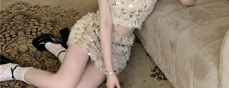 Summer New Little Fragrance Style Hot Girl Tassel Bright Particle Top Bodycon High Waist  Skirt Two Piece Set Women