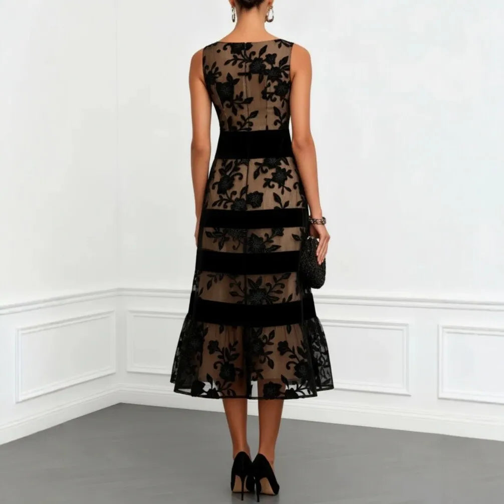 2026 Black Mesh Maxi Dress Women Sleeveless Flocking Jacquard Splicing Slim Dress Y2K Slim Fits High Waist Dress Vestidos