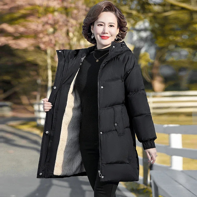 Winter Cotton padded Jacket Hooded solid color fleece thick Parkas Warm Loose Long Overcoat middle aged and Grandma Snow Coat