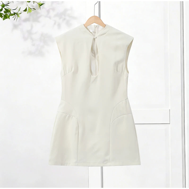 Elegant Slim Women's Dress Stand Collar Hollow Out Sleeveless Waist-Closed Lady Mini Dresses 2026 Spring Summer Female Robe