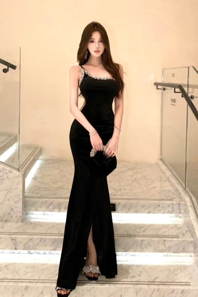 Summer French Elegant Fashion Evening Gown Women's Backless One-shoulder Bodycon Velvet Dress High-end Diamond Slim Gown Summer