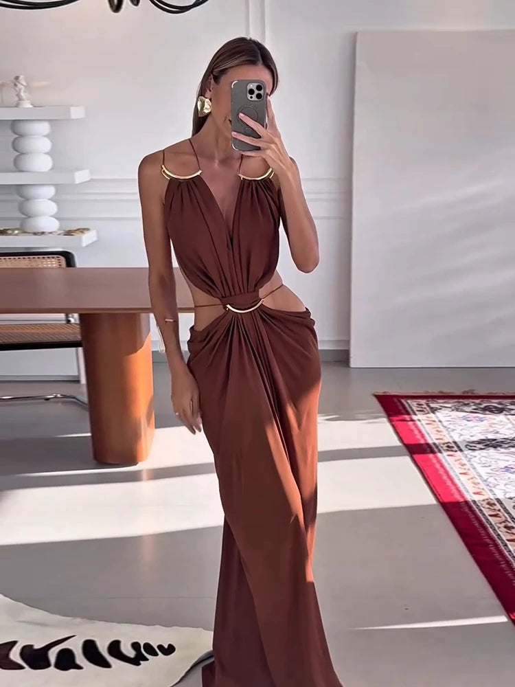 Sexy Women Dress Hollow Sleeveless Deep V Neck Big Backless Hip Package Long Dresses Elegant Summer New Beach Holiday Robes Lady
