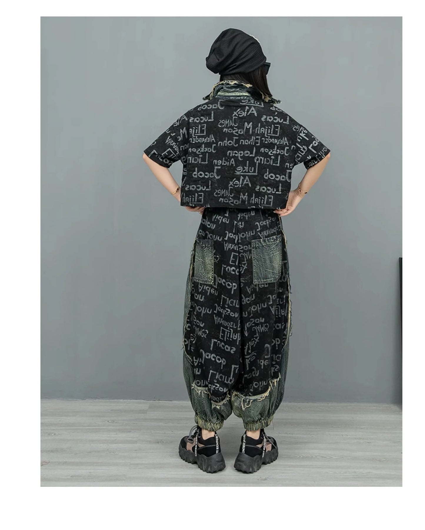 Letter Printed Denim Jacket + Lantern Pants 2 piece set