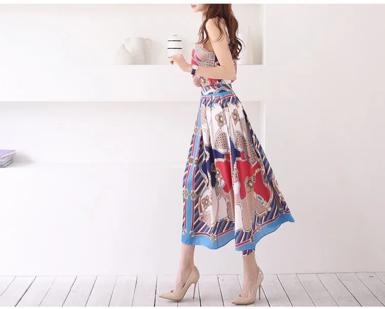 H Han Queen Hot Sale Summer Women Print Work 2 Pieces Set Camisole Top Blouses + Vintage A-Line Skirt Korean Simple Skirt Suit