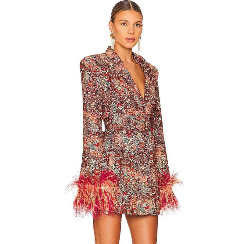 Women Sexy V Neck Floral Print Feather Long Sleeve Bodycon Party Club Event Blazer