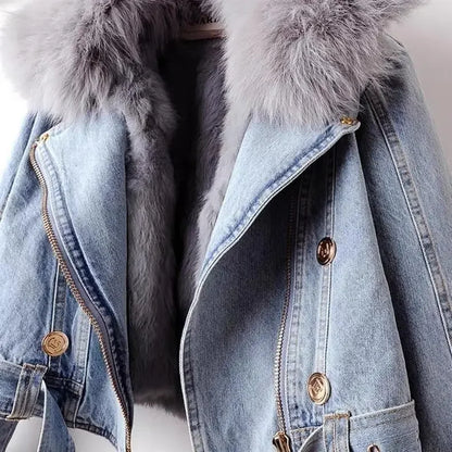 Denim Jacket Casual Punk Biker Faux Fox Fur Zipper Cowboy Coat