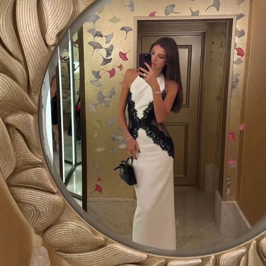 White Black Net Halter Backless