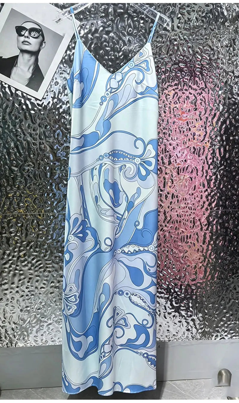 Sexy Summer Women's New Satin Elegant Dress V-Neck Thin Shoulder Strap Geometric Printing Suspenders Elegant Party Holiday Dress