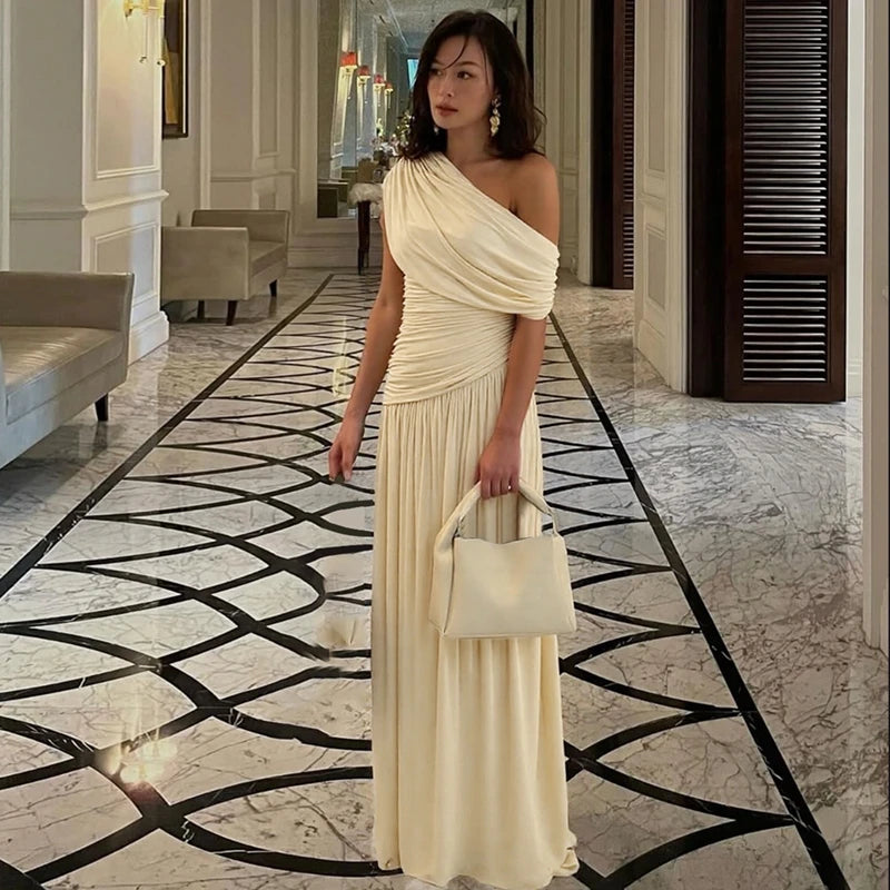 Hugcitar One Shoulder Ruched Sleeveless Solid Pleated Sexy Irregular Y2K Maxi Dress Summer Elegant Party Women Clothes Vacation - Shellss