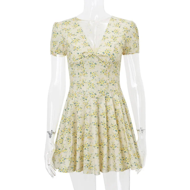 Yellow mini flowers V neck Mini