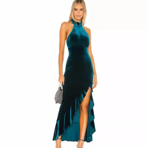 Velvet Long Dress Asymmetrical Slit