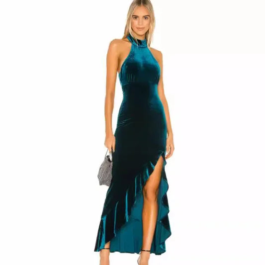Velvet Long Dress Asymmetrical Slit