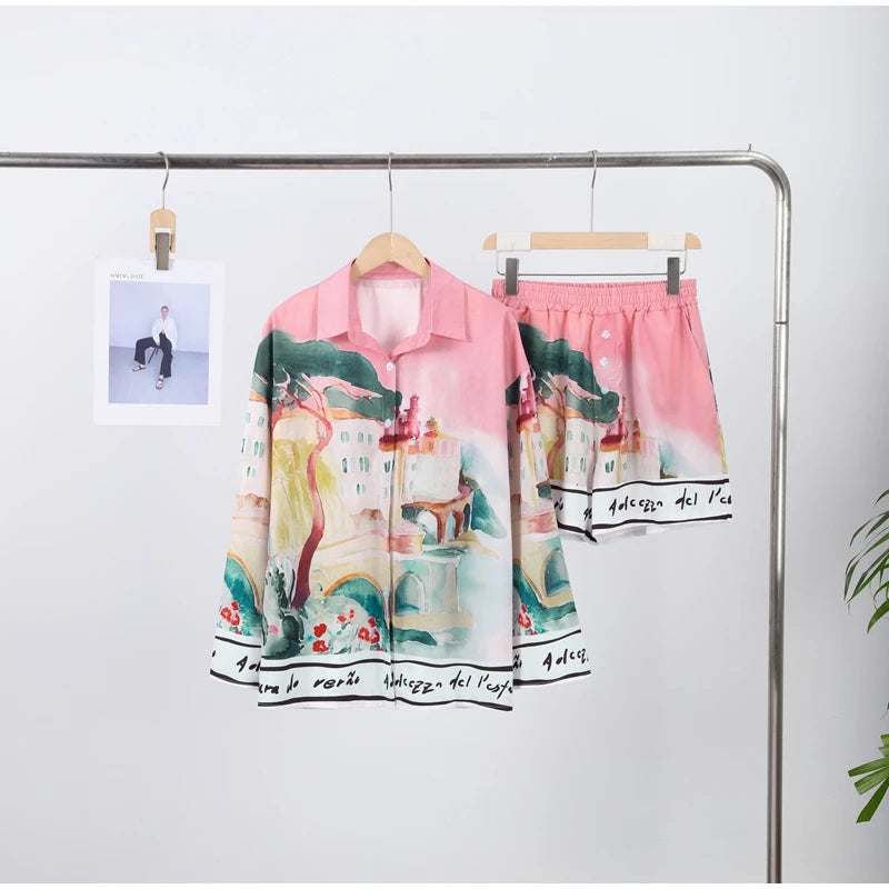 Fashion Printed 2 Piece Set Loose Lapel Button Long Sleeved Shirt Elastic Waist Shorts Suit 2025 Summer Autumn Beach Lady Set
