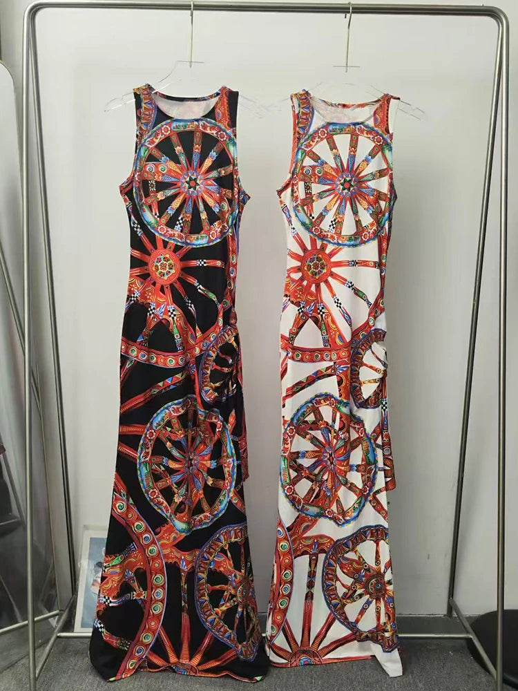 Designer retro geometric print knitted sleeveless sundress 2026 summer women's fashion fashion smocked straps hip-covering dress - Shellss