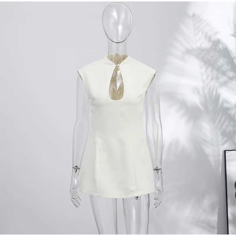 Elegant Slim Women's Dress Stand Collar Hollow Out Sleeveless Waist-Closed Lady Mini Dresses 2026 Spring Summer Female Robe