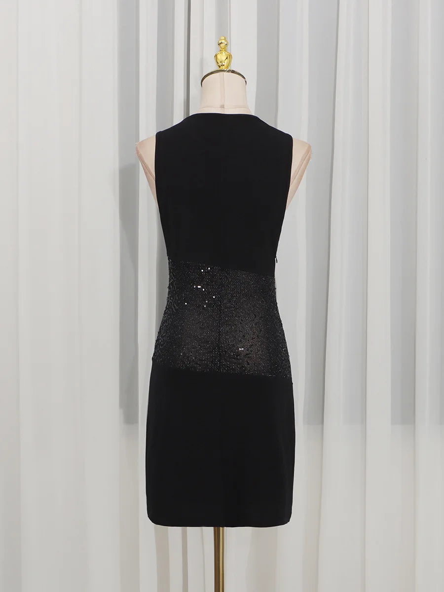 Women Sexy Spicy Girl Party Mini Dress Crew Neck Sleeveless Sequin Patchwork Twisted Knot Bodycon Short Dress Nightclub Banquet
