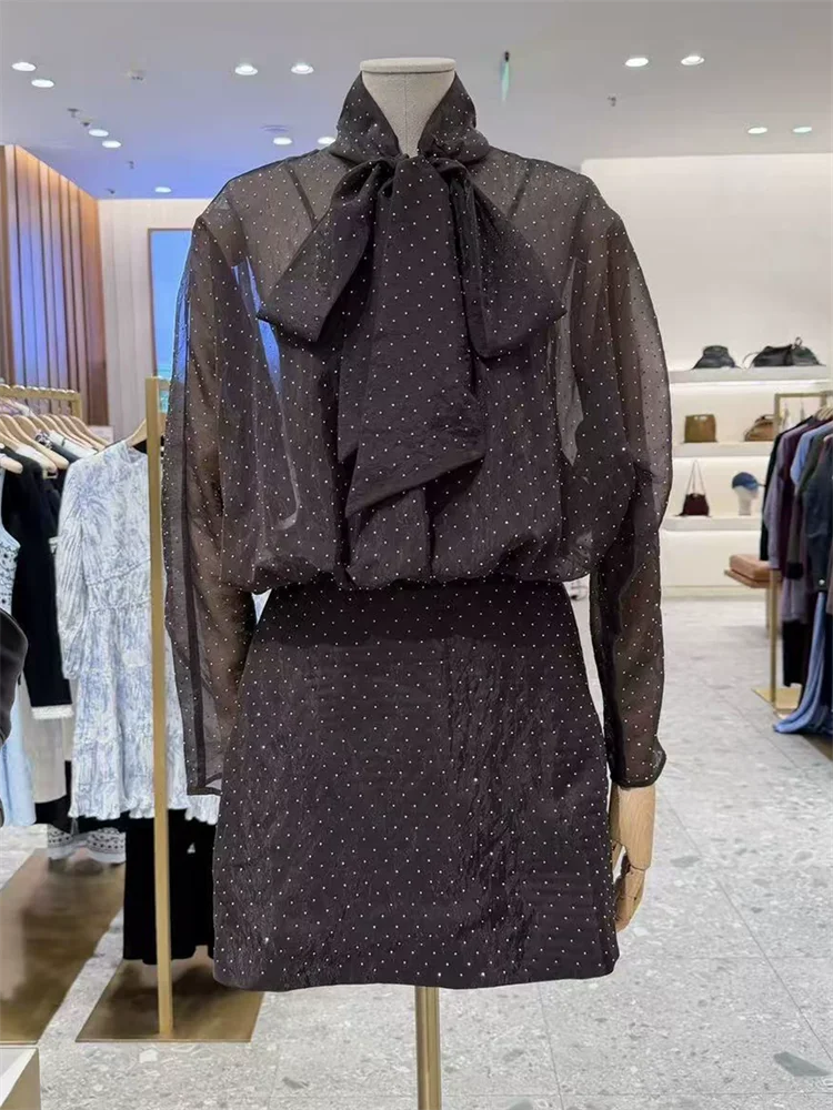 Women Bow Tie Collar Short Dress French Rhinestone Decoration Puff Sleeve Female Elegant Fake Two Piece Mini Robe Autumn New - Shellss