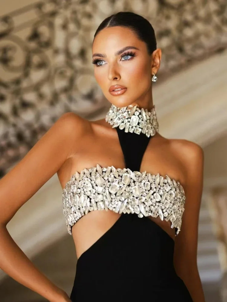 2025 Women Celebrity Sexy Halter Beading Crystal Black Maxi Long Bodycon Bandage Dress Elegant Evening Club Party Dress