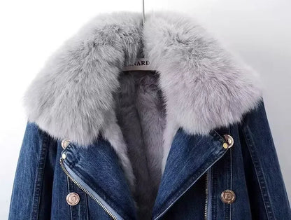 Denim Jacket Casual Punk Biker Faux Fox Fur Zipper Cowboy Coat