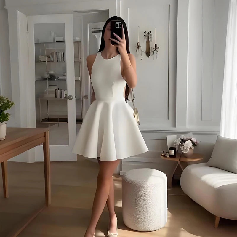 White Mini Waist clinching Pleated Dress