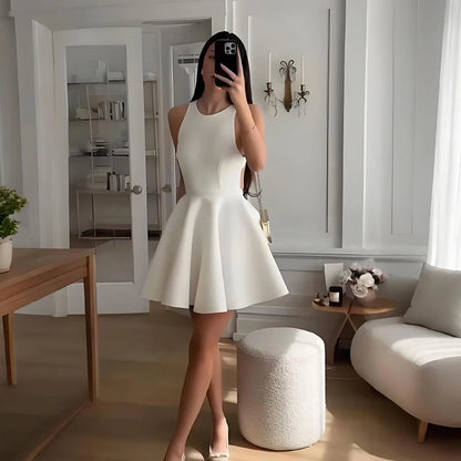 White Mini Waist clinching Pleated Dress