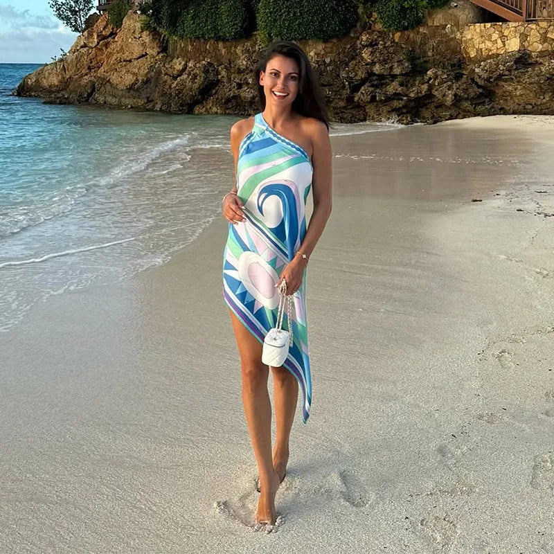Casual Printed One Shoulder Women's Short Dress Asymmetric Sleeveless Backless Beach Dresses 2026 Summer Lady Vacation Vestidoes
