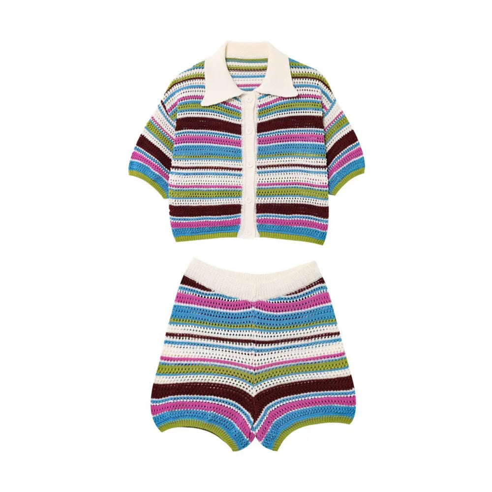 POLO collar short knitted striped shorts set